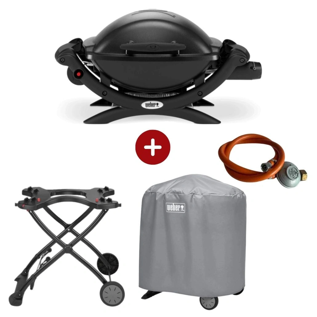 Set Gratar pe gaz Weber Q1000 - Negru + husa integrala + suport cu roti