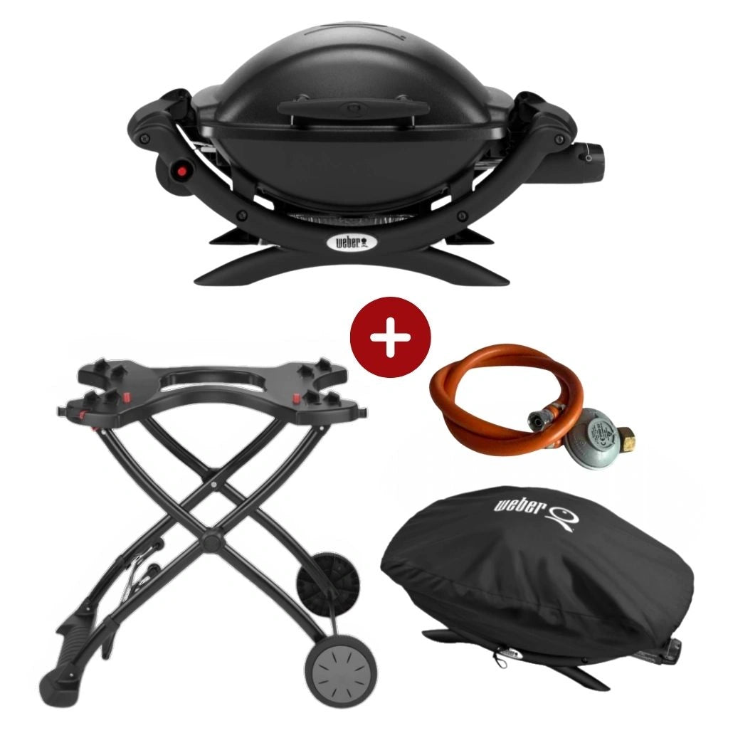 Set Gratar pe gaz Weber Q1000 - Negru + husa mica + suport cu roti