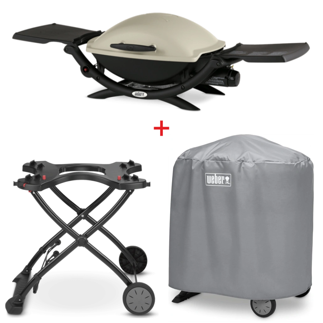 Set Gratar pe gaz Weber Q 2000 + husa integrala + suport cu roti