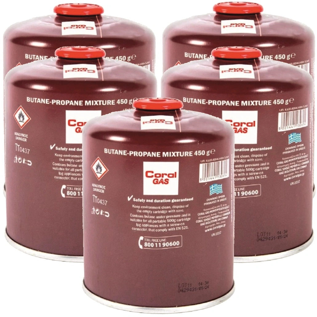 Pachet 5 Rezerve butelie gaz 450 g cu valva si filet 7/16"